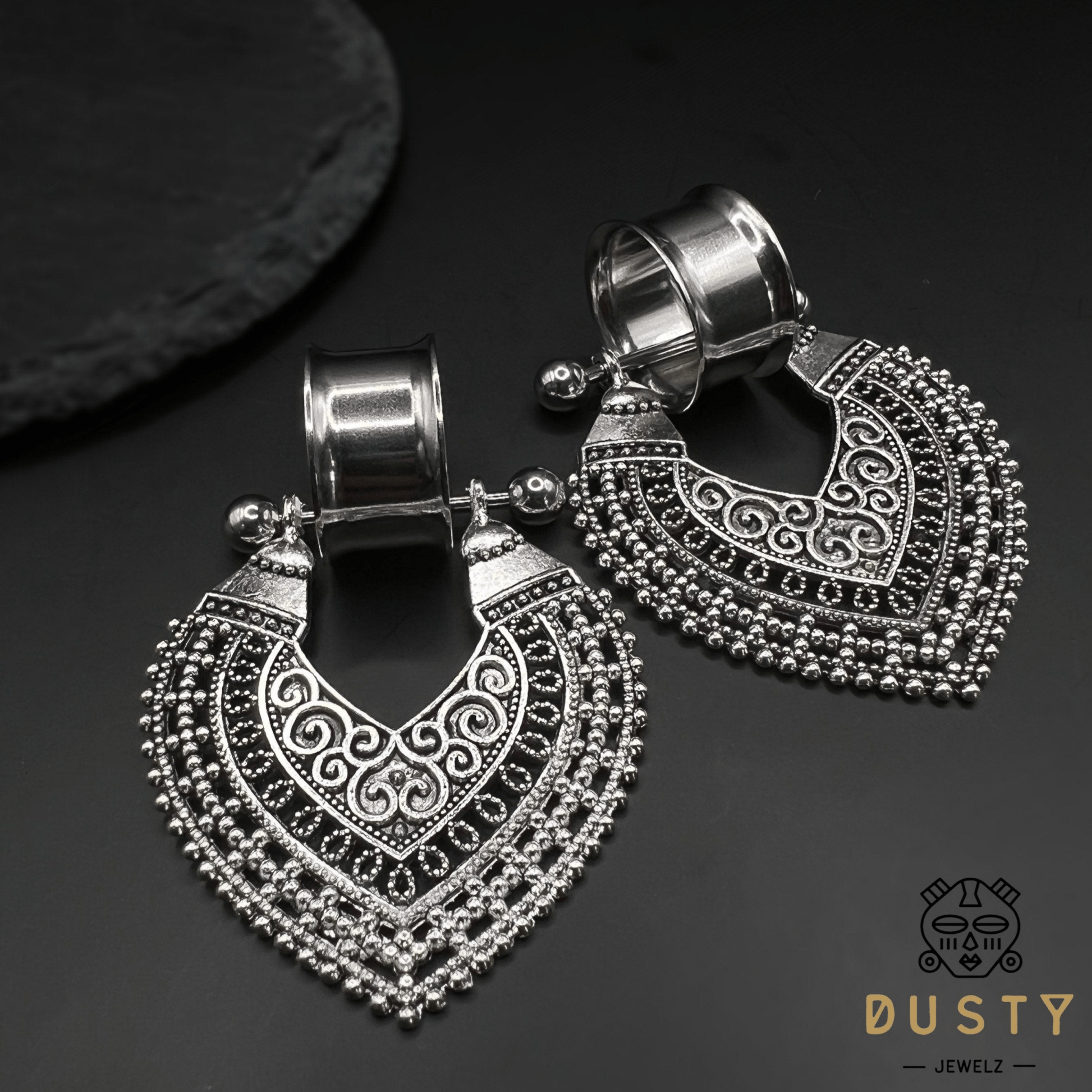 Antique Shield Dangle Tunnels - DustyJewelz