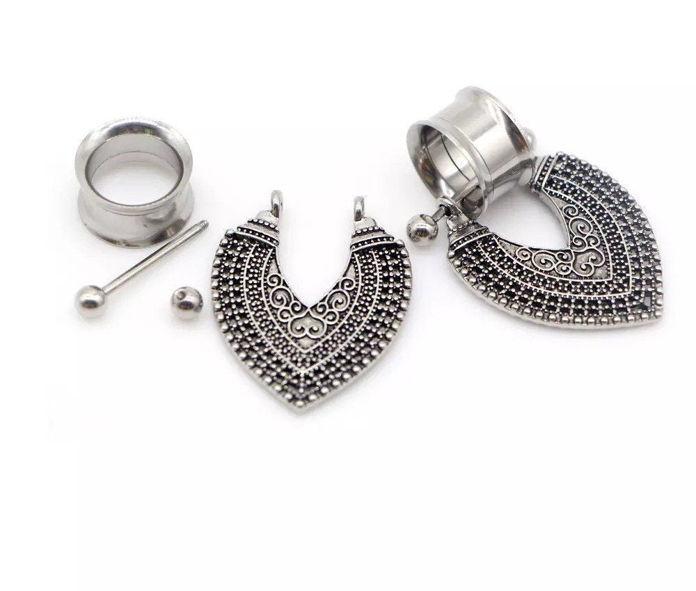 Antique Shield Dangle Tunnels - DustyJewelz