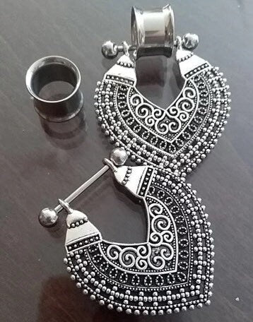 Antique Shield Dangle Tunnels - DustyJewelz
