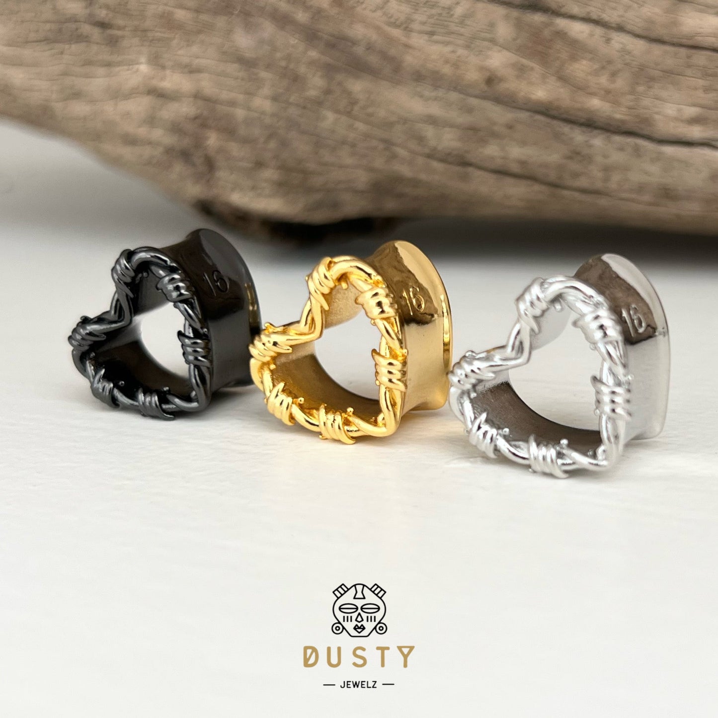 Barbed Wire Heart Ear Saddle Tunnels | Stainless Steel Plugs - DustyJewelz