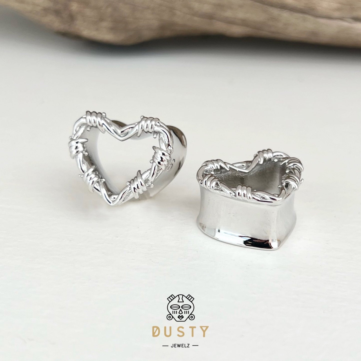Barbed Wire Heart Ear Saddle Tunnels | Stainless Steel Plugs - DustyJewelz