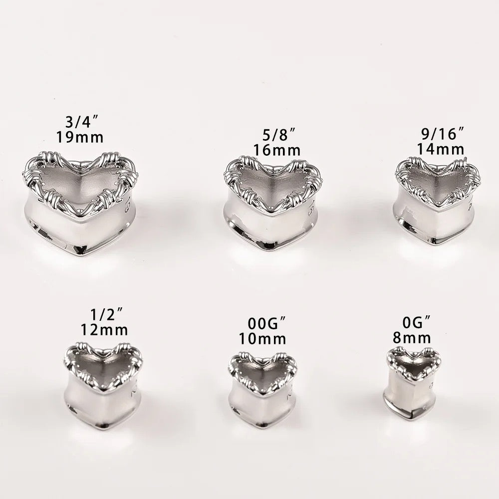 Barbed Wire Heart Ear Saddle Tunnels | Stainless Steel Plugs - DustyJewelz