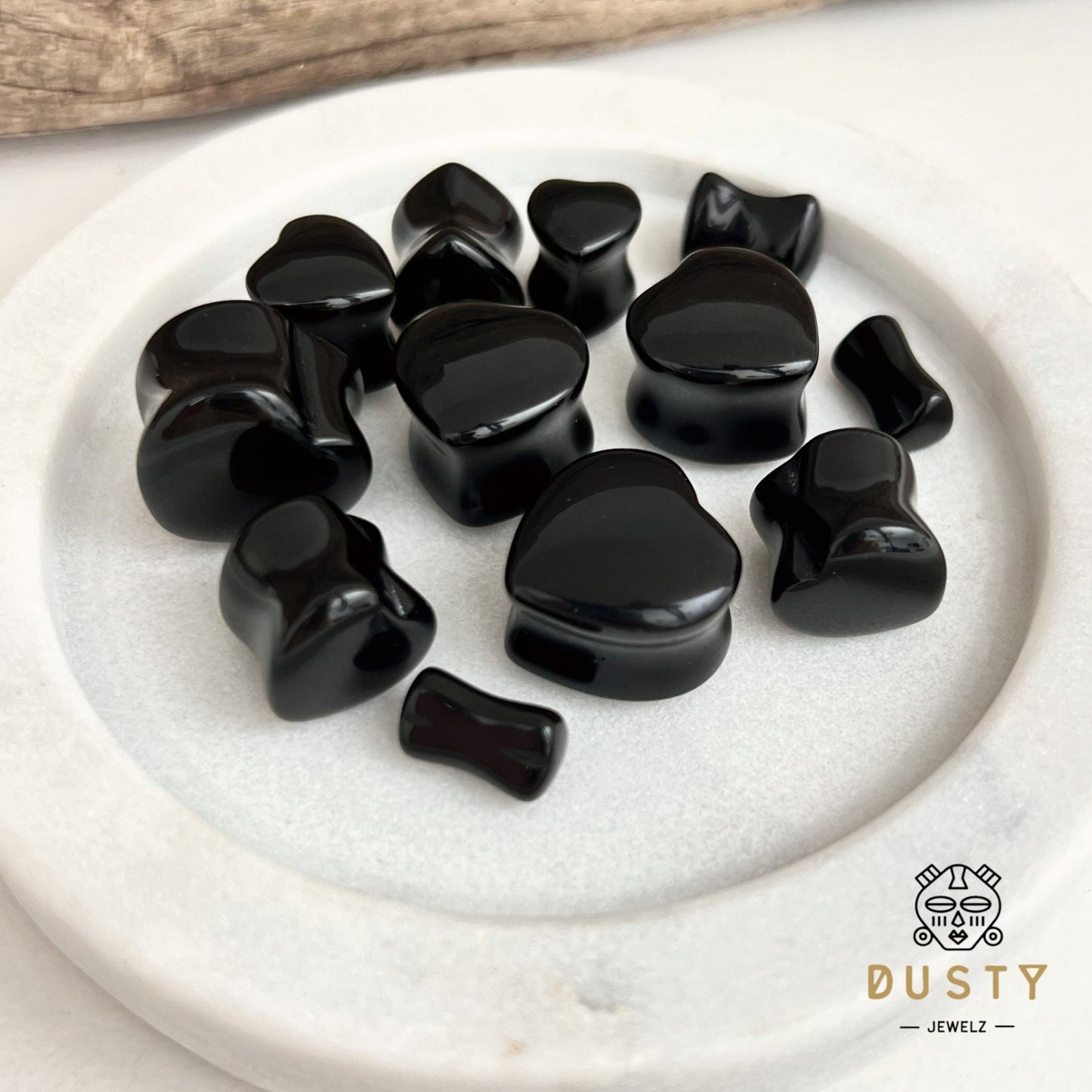 Black Onyx Heart Shaped Stone Plugs | Double Flare - DustyJewelz