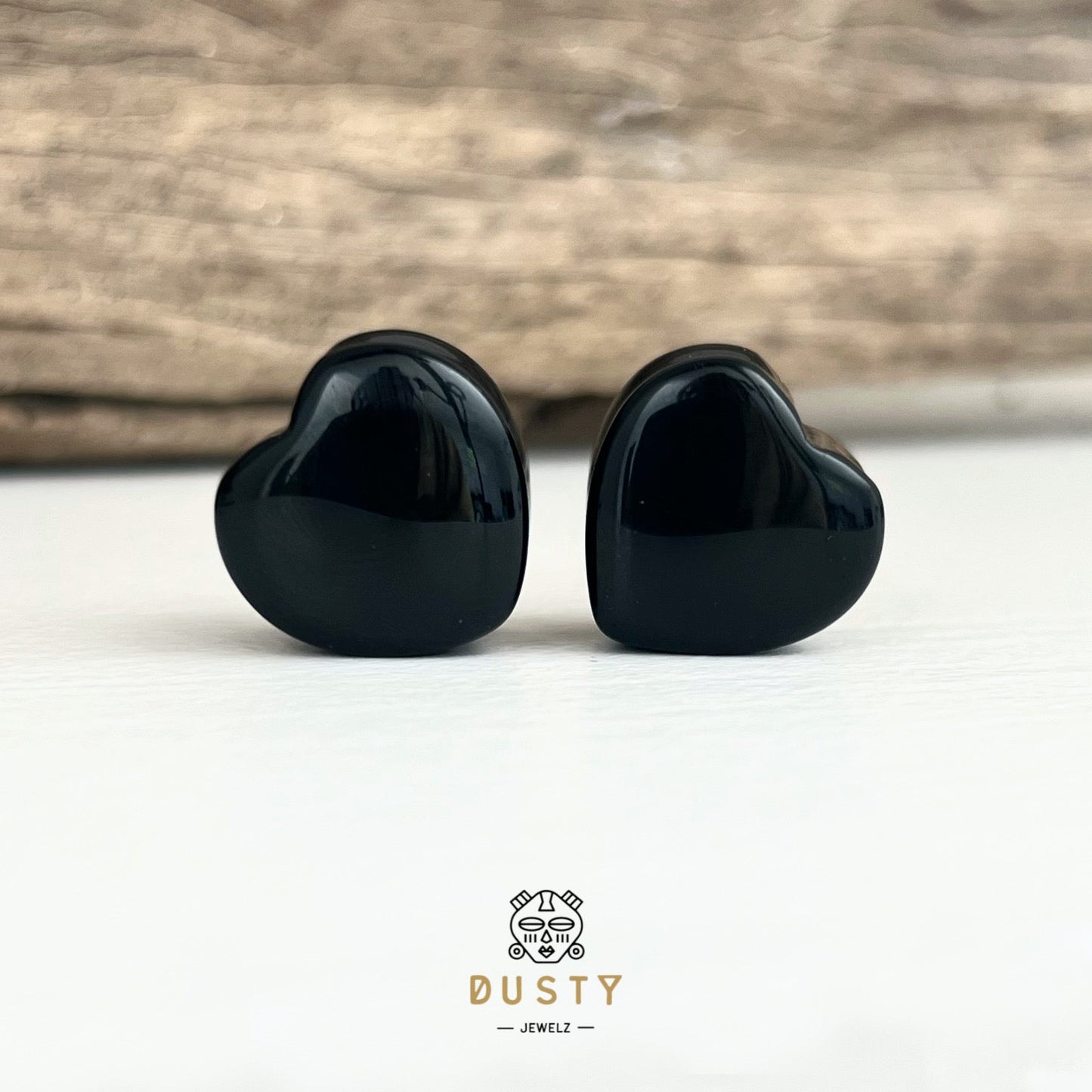 Black Onyx Heart Shaped Stone Plugs | Double Flare - DustyJewelz