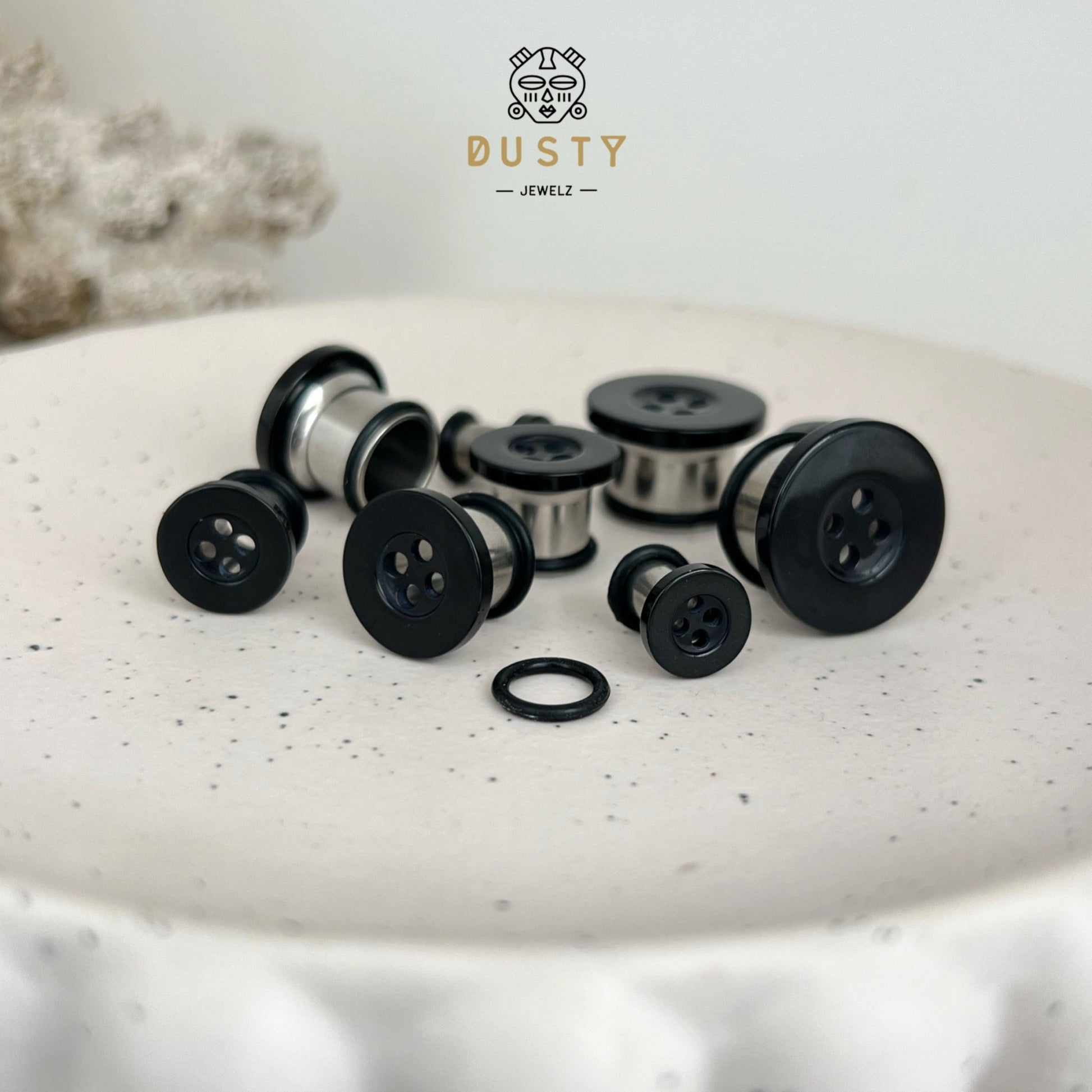 Button Ear Plugs | Single Flare Rubber O- Ring | Stainless Steel - DustyJewelz