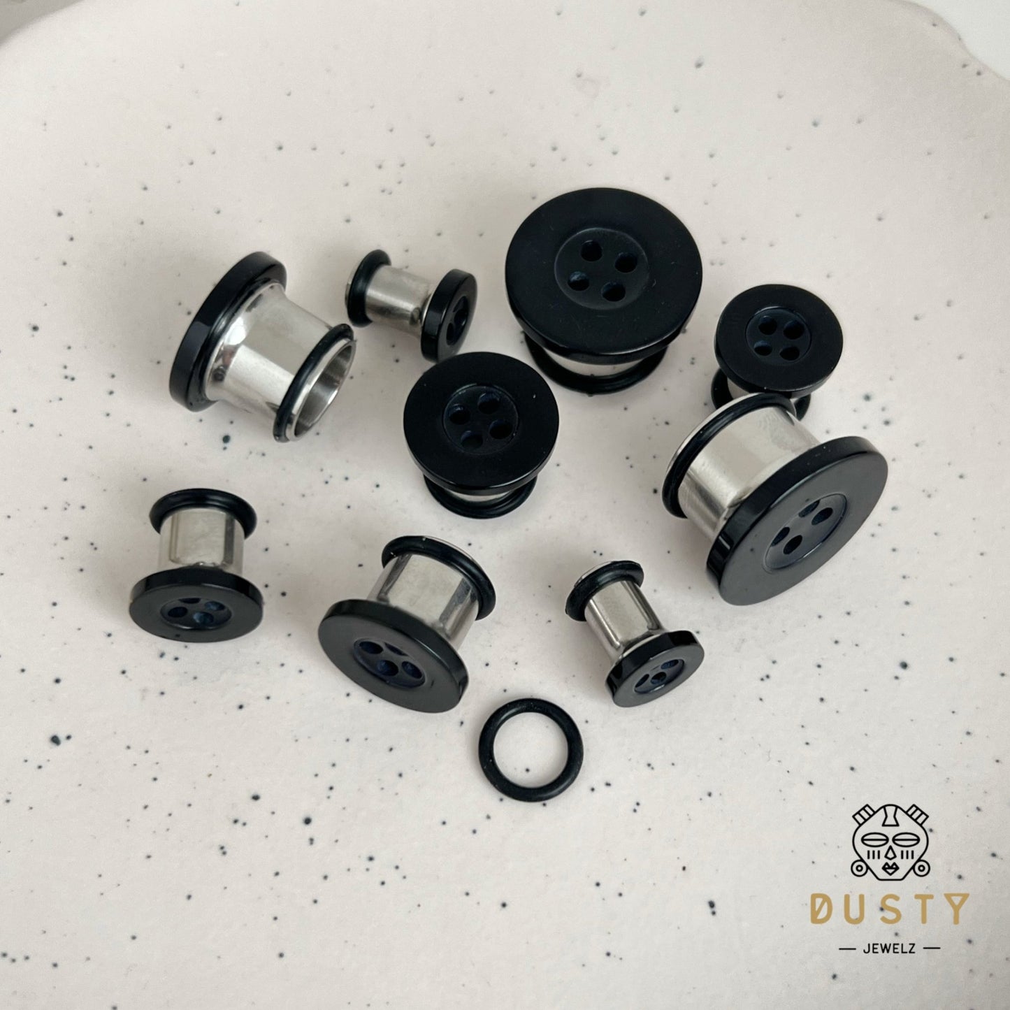 Button Ear Plugs | Single Flare Rubber O- Ring | Stainless Steel - DustyJewelz