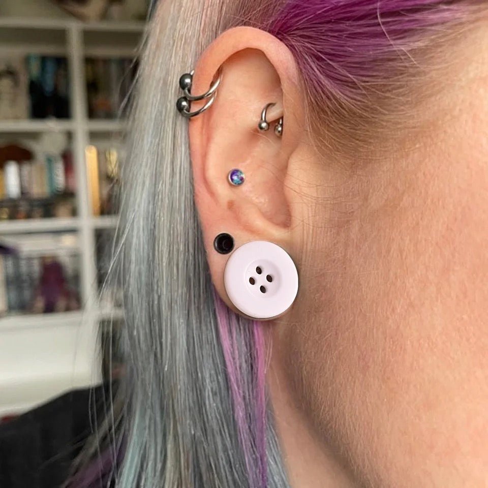 Button Ear Plugs | Single Flare Rubber O- Ring | Stainless Steel - DustyJewelz