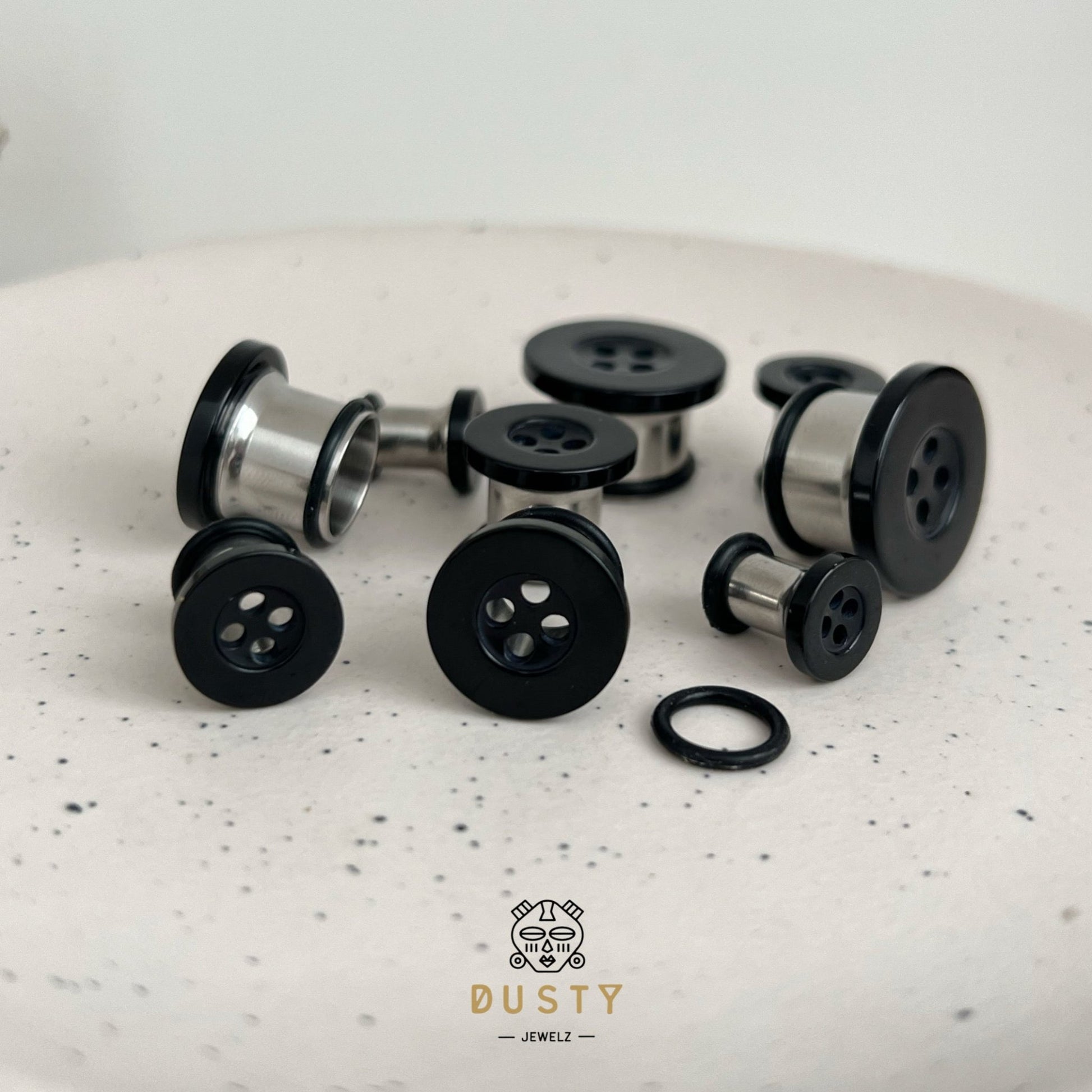 Button Ear Plugs | Single Flare Rubber O- Ring | Stainless Steel - DustyJewelz