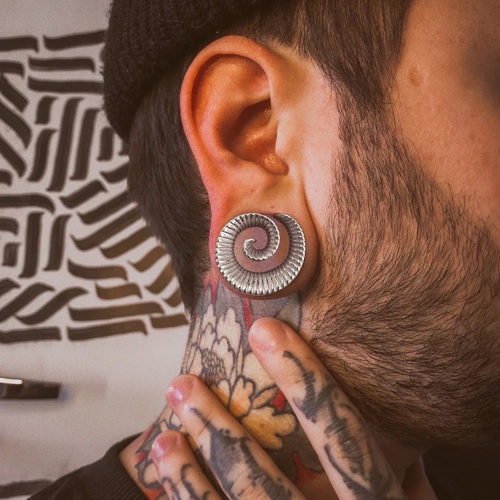 Carved Swirl Ear Saddle Spreader | Spiral Steel Tunnels - DustyJewelz