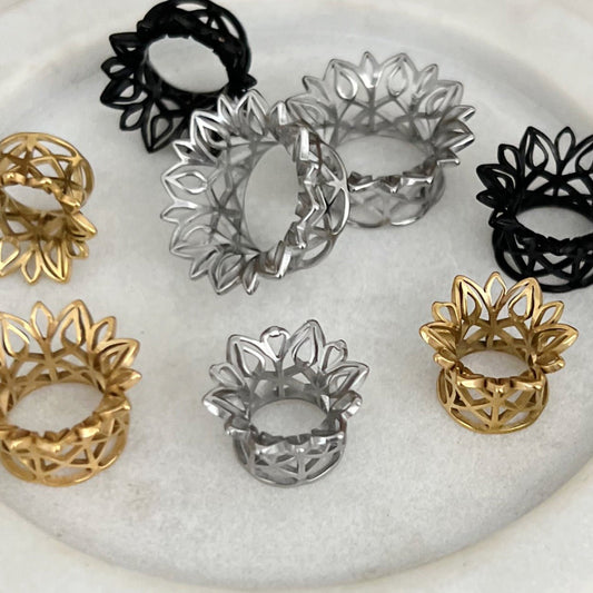 Laser Cut Double Flare Tunnels | Hollow Out Steel Plugs - DustyJewelz
