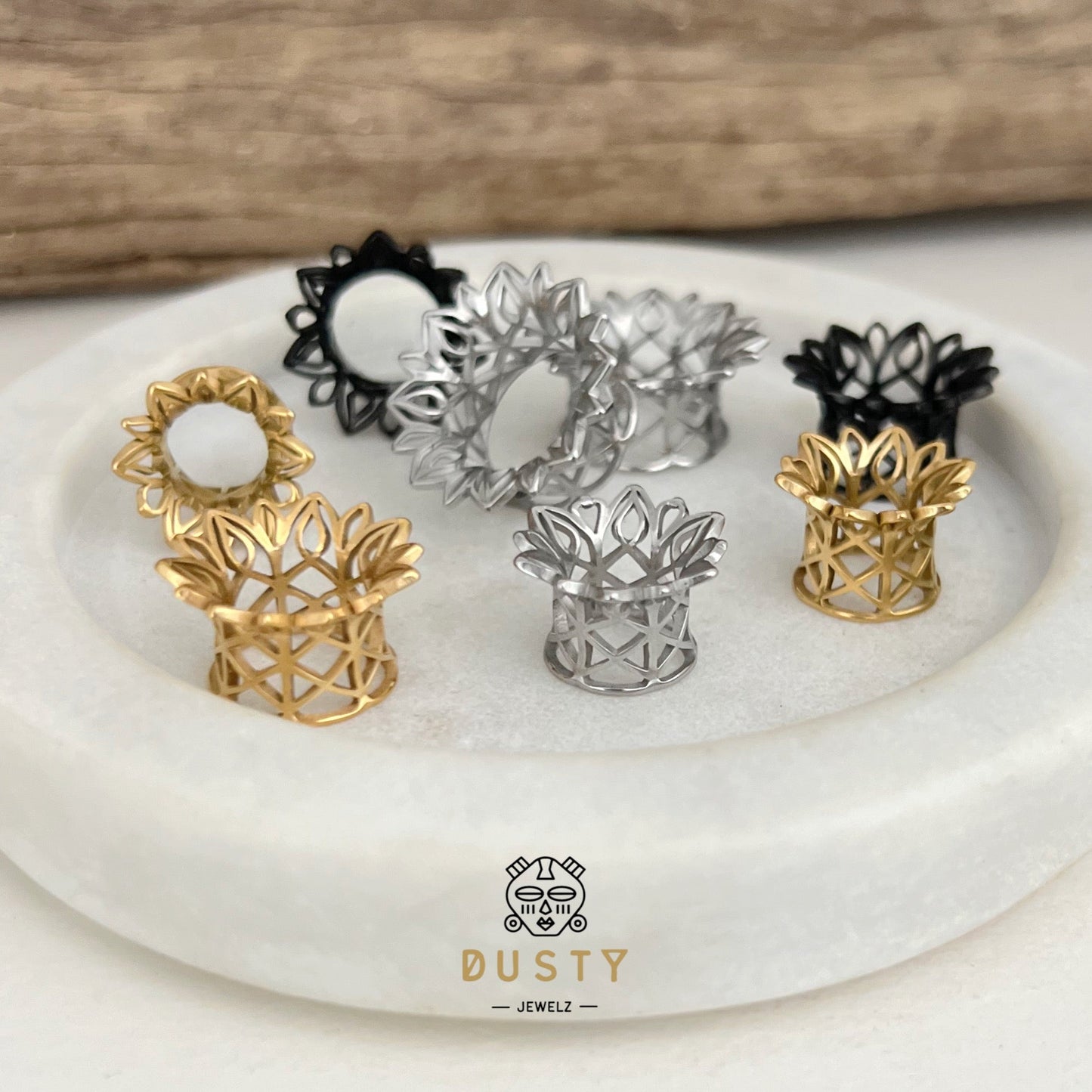Laser Cut Double Flare Tunnels | Hollow Out Steel Plugs - DustyJewelz