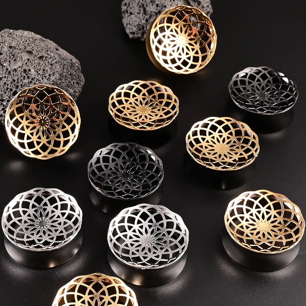 Laser Cut Mandala Plugs | Double Flare Hollow Out Steel Tunnels - DustyJewelz