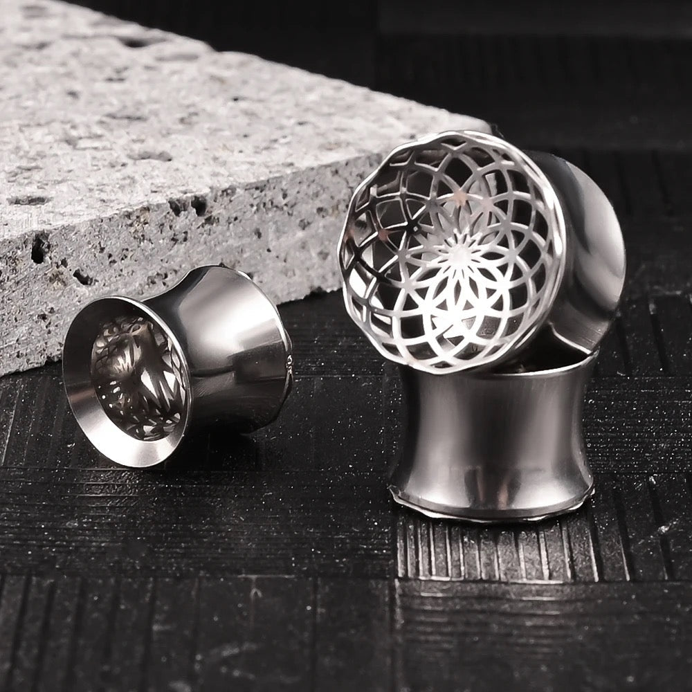 Laser Cut Mandala Plugs | Double Flare Hollow Out Steel Tunnels - DustyJewelz