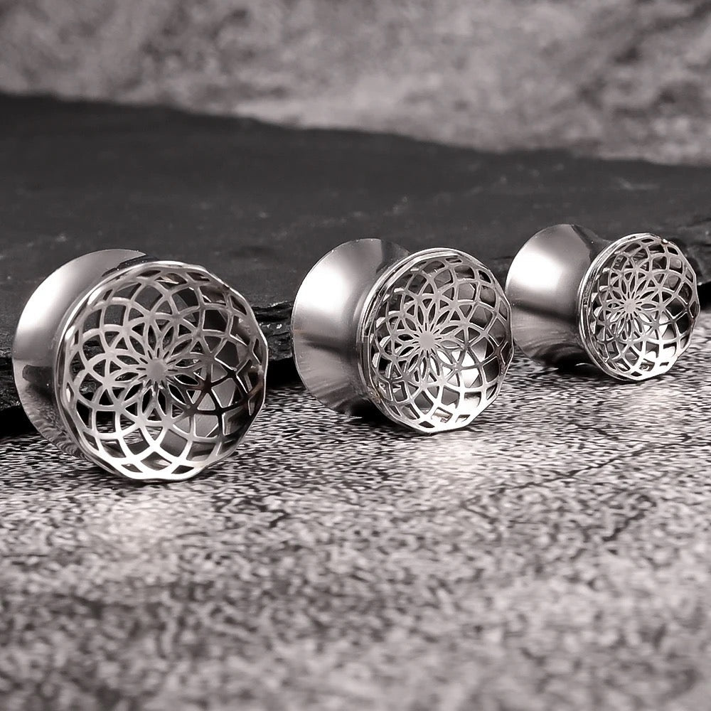 Laser Cut Mandala Plugs | Double Flare Hollow Out Steel Tunnels - DustyJewelz
