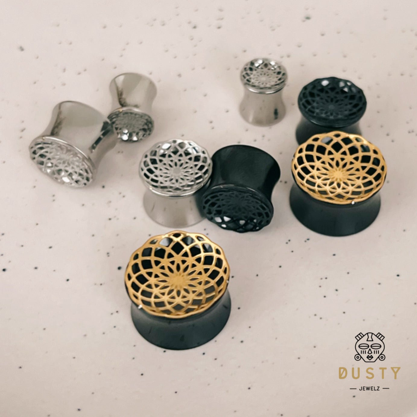 Laser Cut Mandala Plugs | Double Flare Hollow Out Steel Tunnels - DustyJewelz