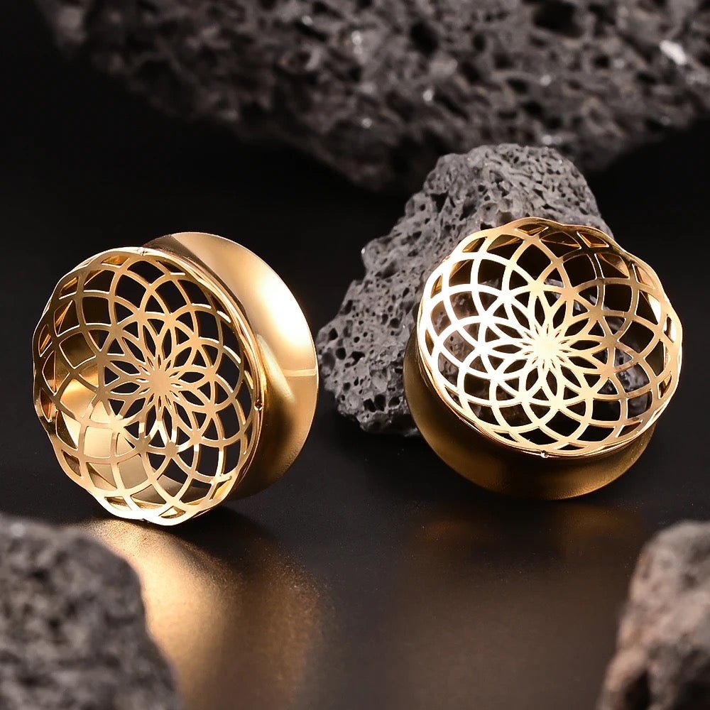 Laser Cut Mandala Plugs | Double Flare Hollow Out Steel Tunnels - DustyJewelz
