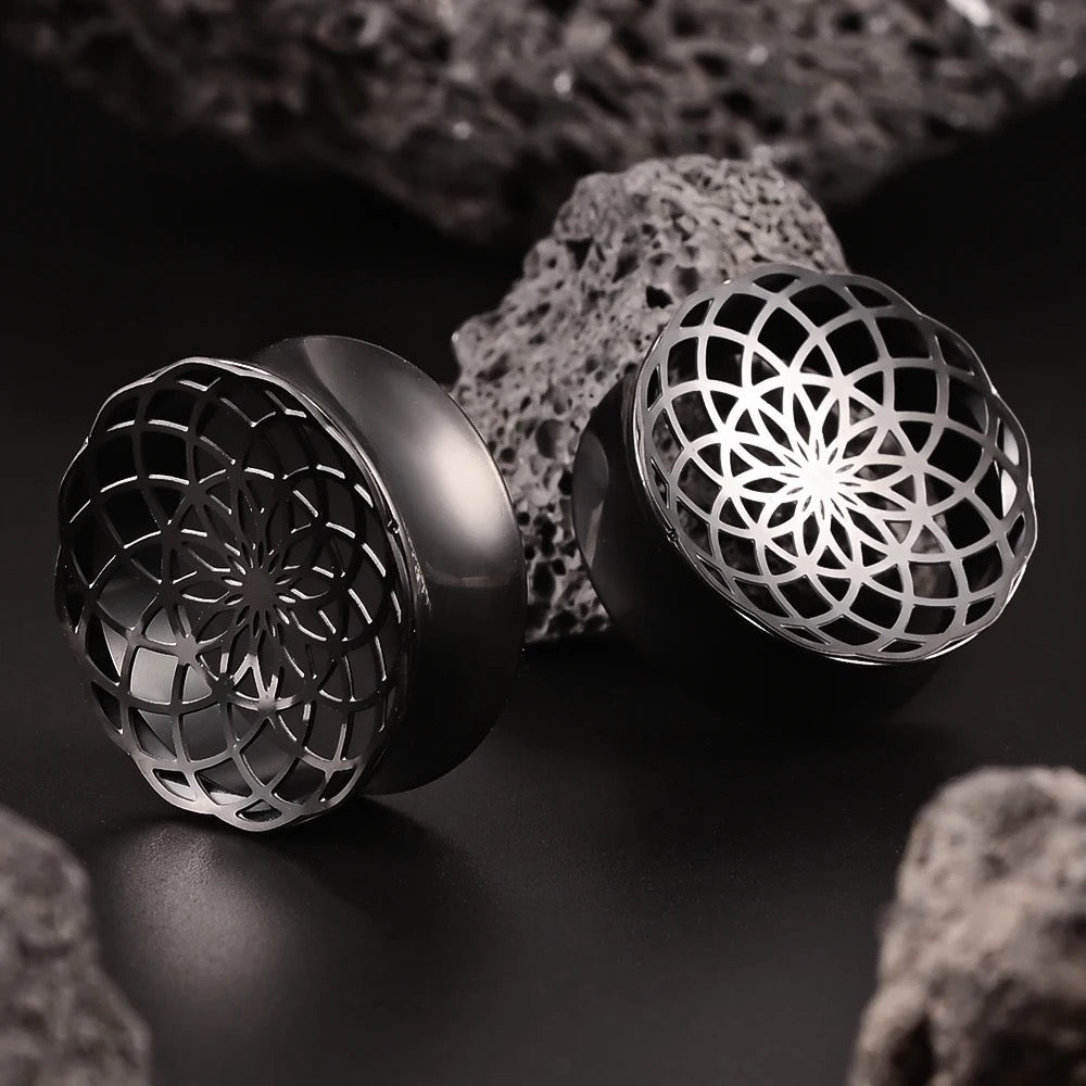 Laser Cut Mandala Plugs | Double Flare Hollow Out Steel Tunnels - DustyJewelz