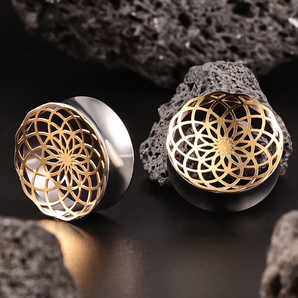 Laser Cut Mandala Plugs | Double Flare Hollow Out Steel Tunnels - DustyJewelz