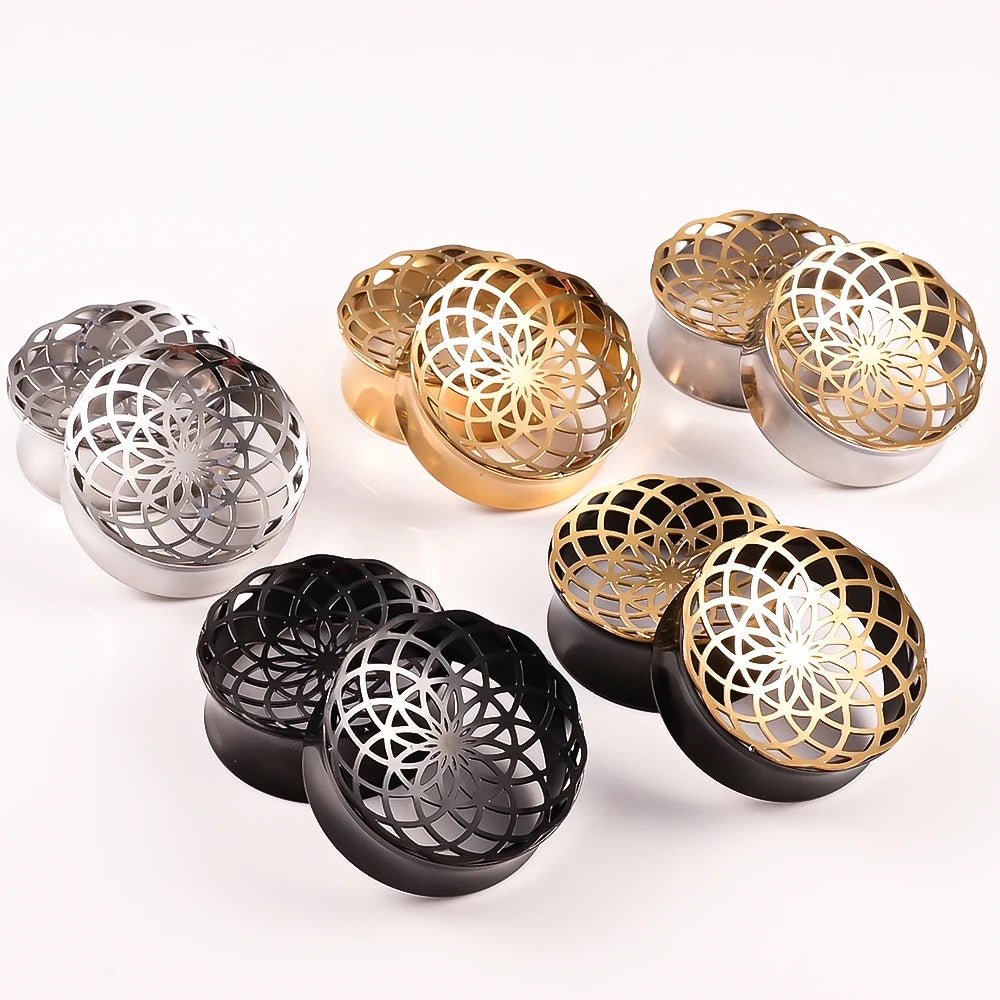 Laser Cut Mandala Plugs | Double Flare Hollow Out Steel Tunnels - DustyJewelz