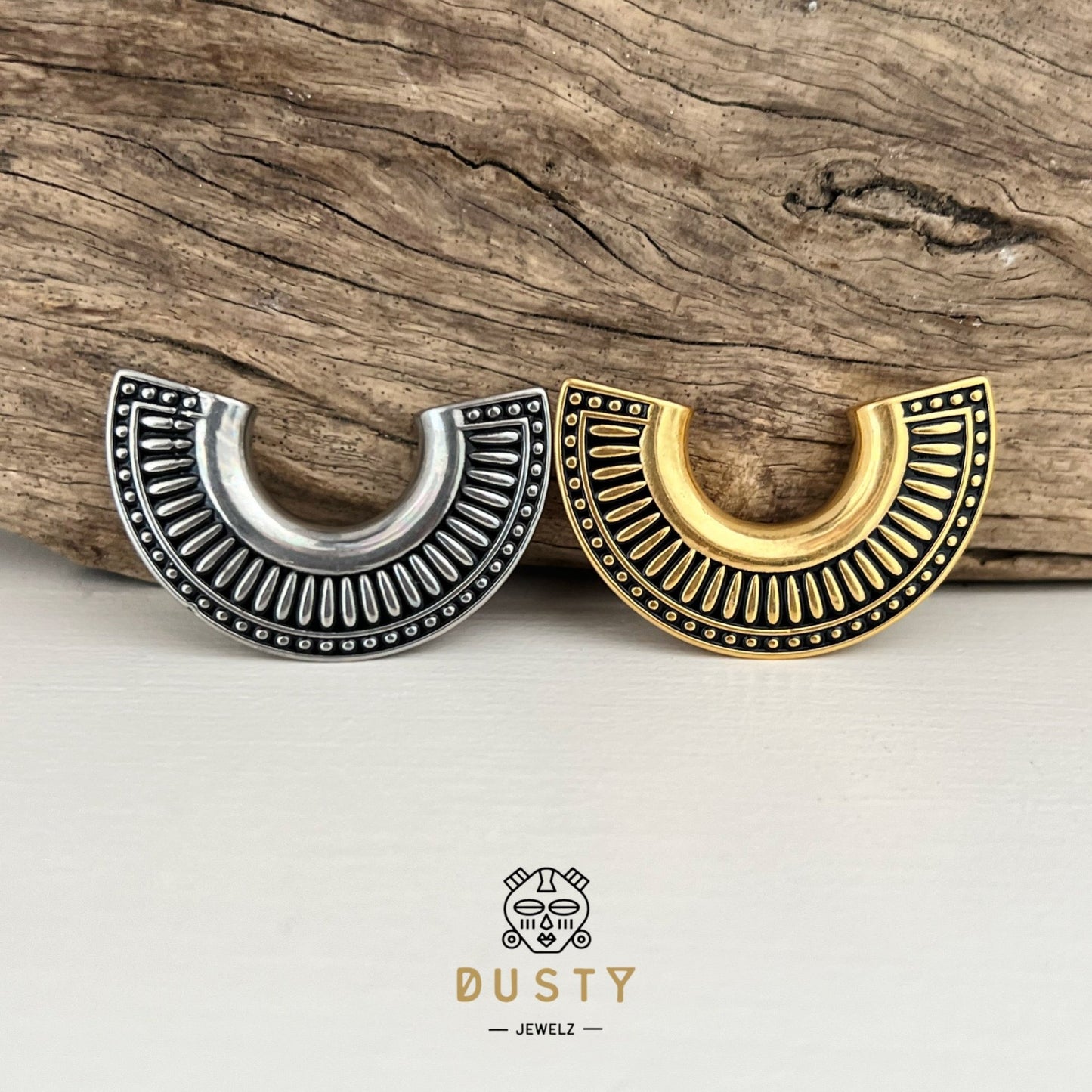 Lobe Shield Saddle Hangers | Carved Steel Tunnels - DustyJewelz