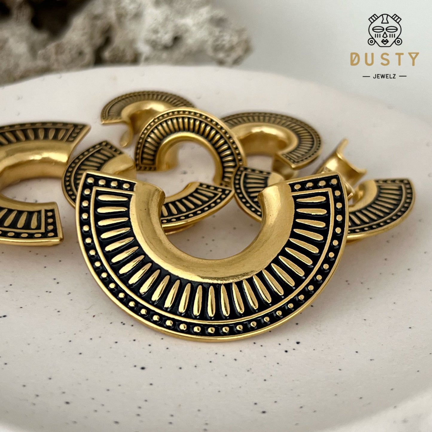 Lobe Shield Saddle Hangers | Carved Steel Tunnels - DustyJewelz