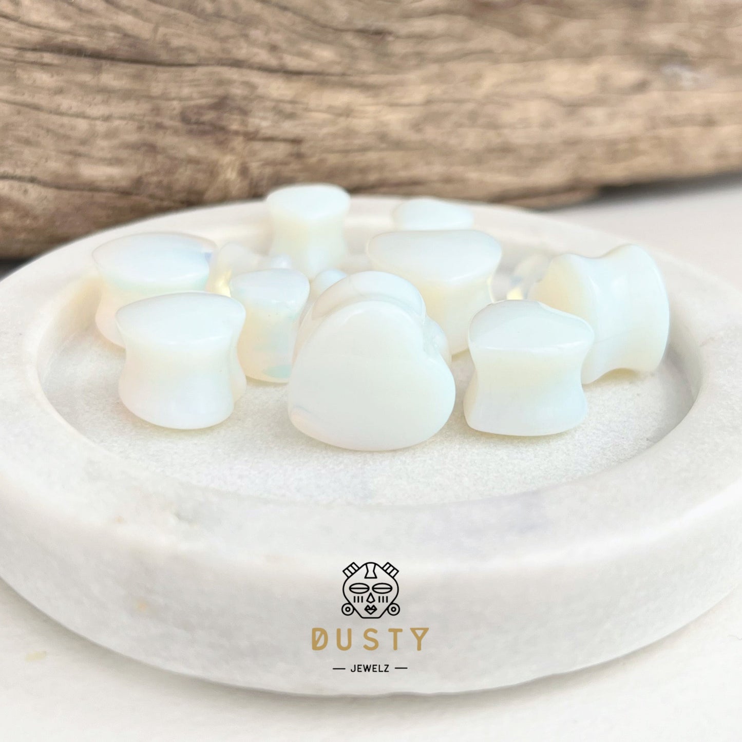Opalite Heart Shaped Stone Plugs | Double Flare - DustyJewelz