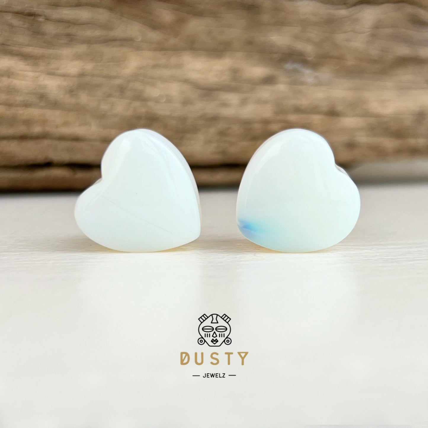 Opalite Heart Shaped Stone Plugs | Double Flare - DustyJewelz
