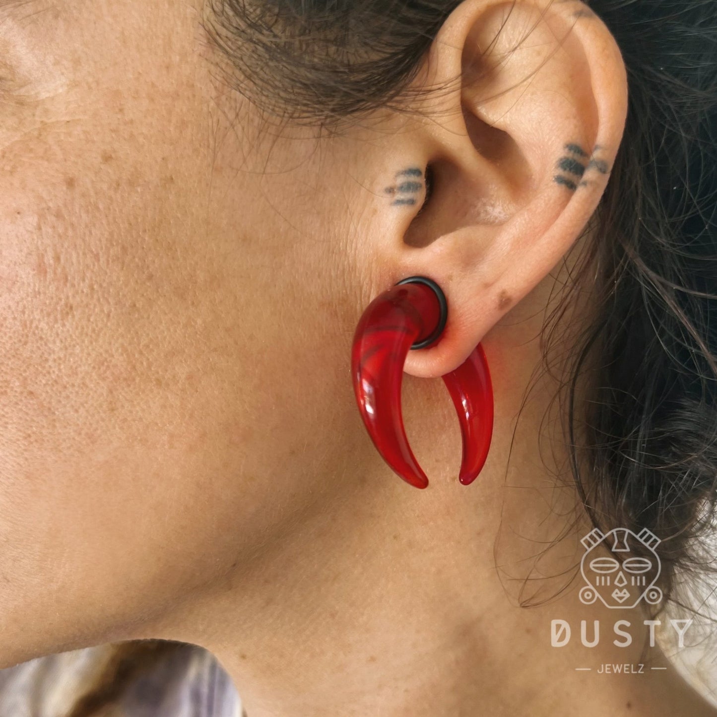 Red Buffalo Horn Septum Pincher | Acrylic Crescent Tapers - DustyJewelz