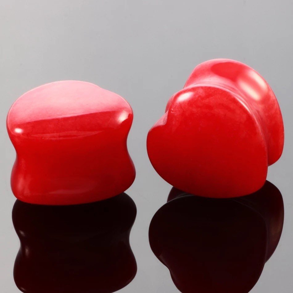 Red Jade Heart Shaped Stone Plugs | Double Flare - DustyJewelz