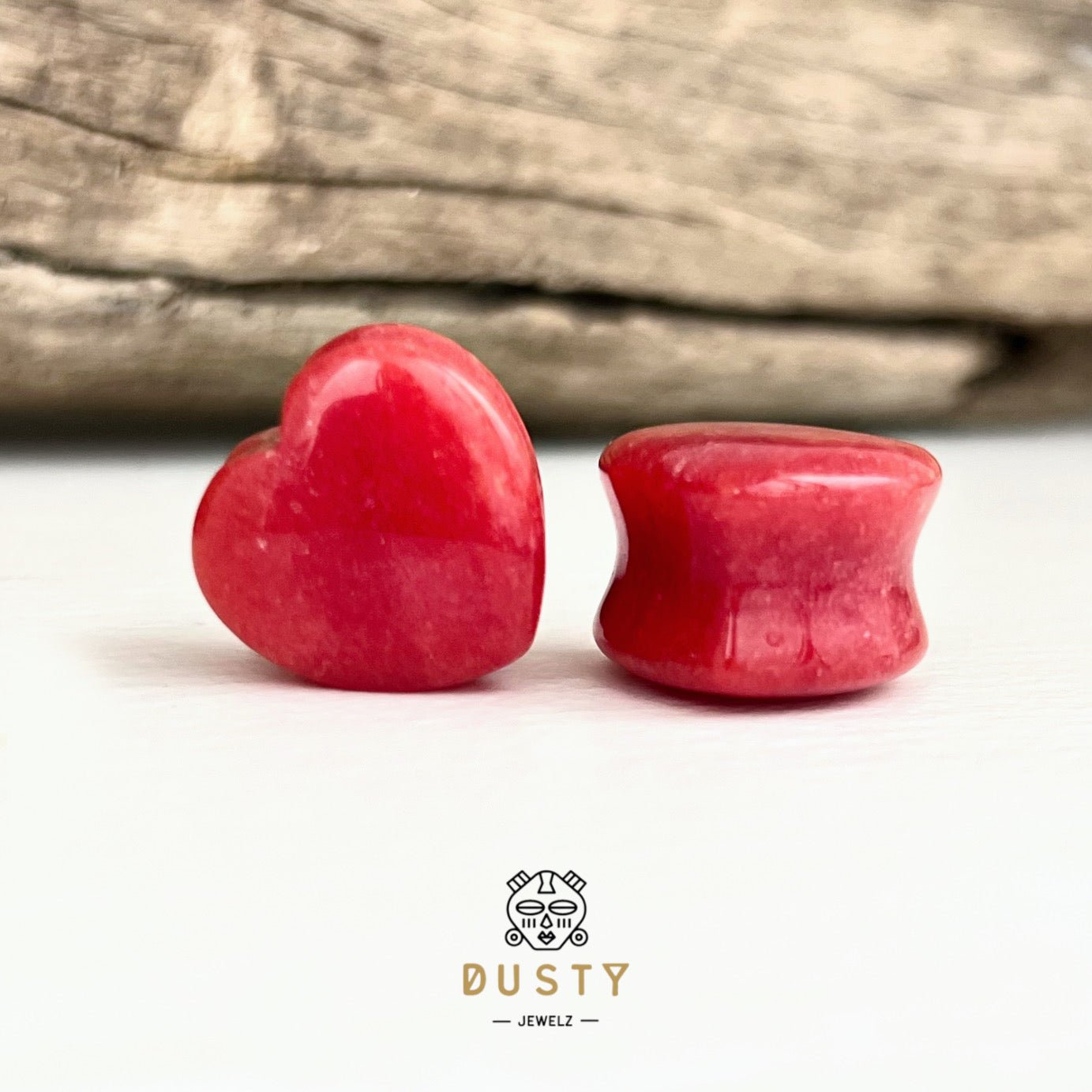 Red Jade Heart Shaped Stone Plugs | Double Flare - DustyJewelz