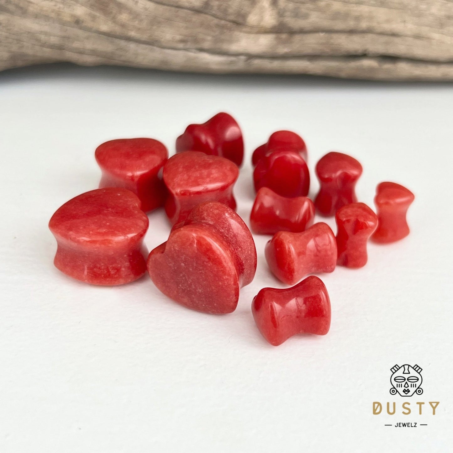 Red Jade Heart Shaped Stone Plugs | Double Flare - DustyJewelz