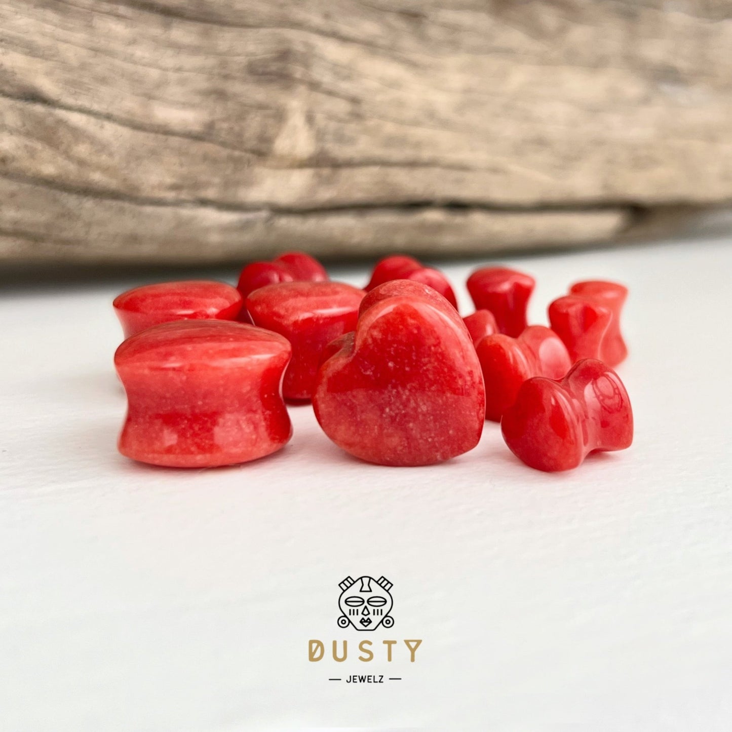Red Jade Heart Shaped Stone Plugs | Double Flare - DustyJewelz