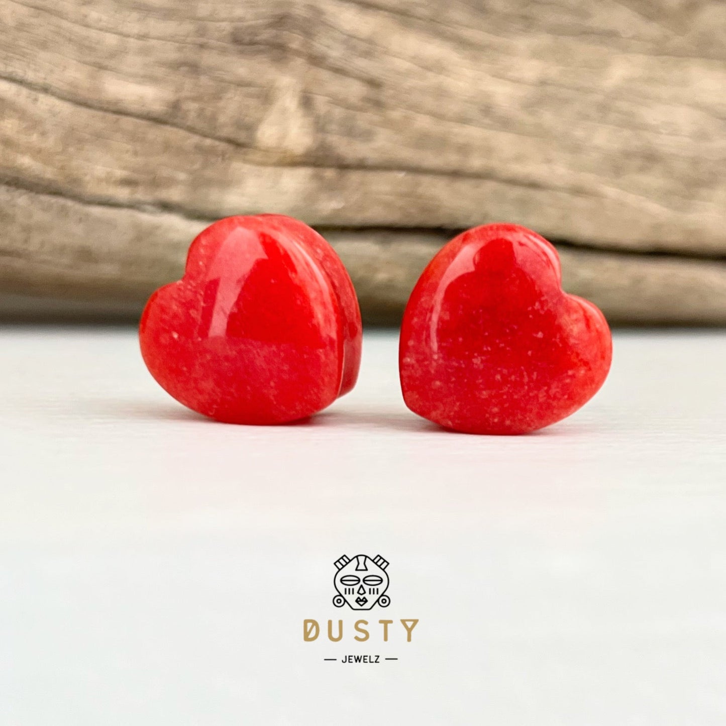 Red Jade Heart Shaped Stone Plugs | Double Flare - DustyJewelz