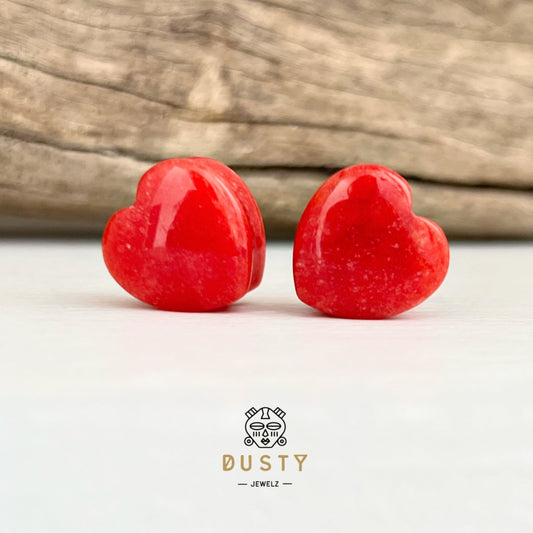Red Jade Heart Shaped Stone Plugs | Double Flare - DustyJewelz