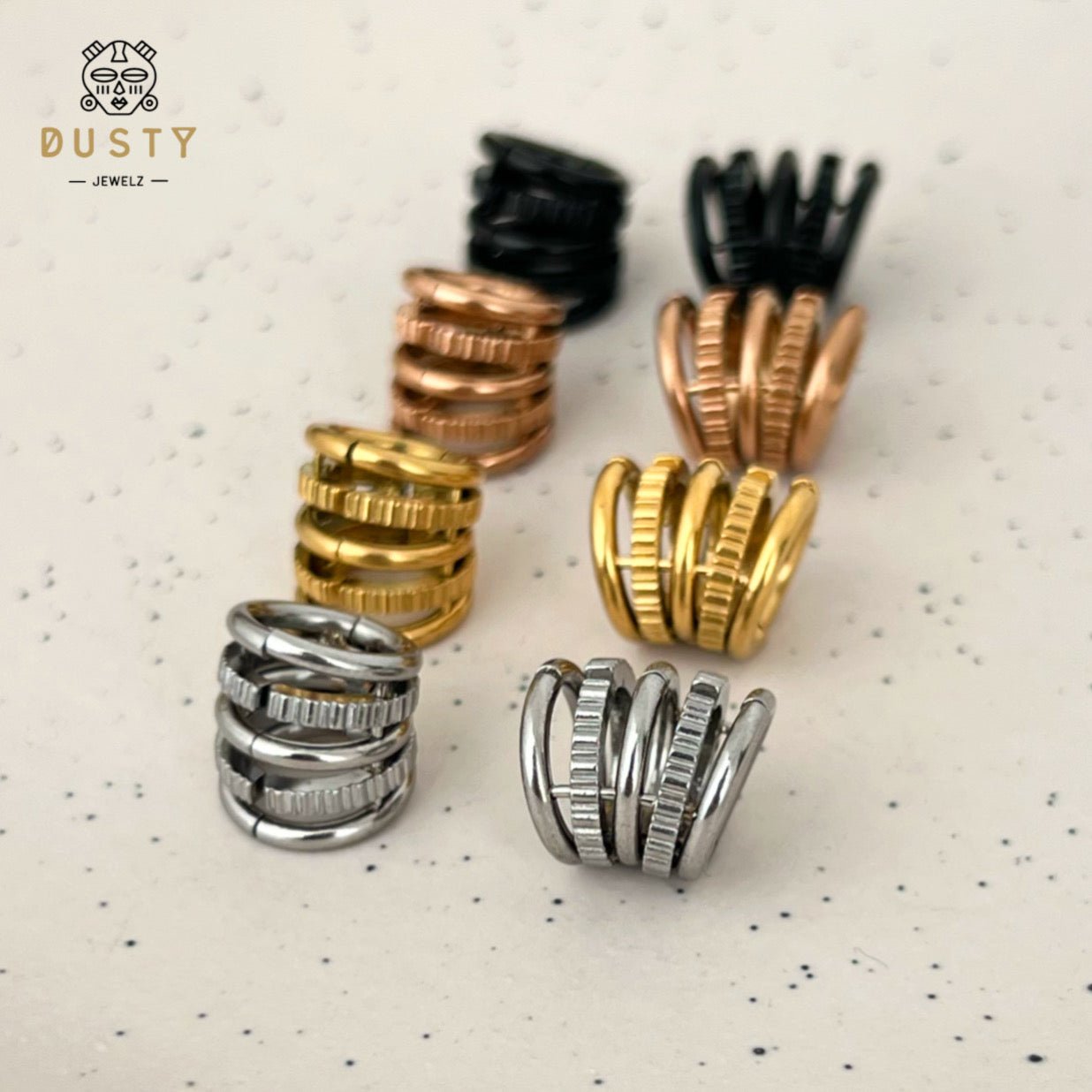 Ringed Lobe Clips | Ear Hangers | Textured Ring Stack Cuffs - DustyJewelz