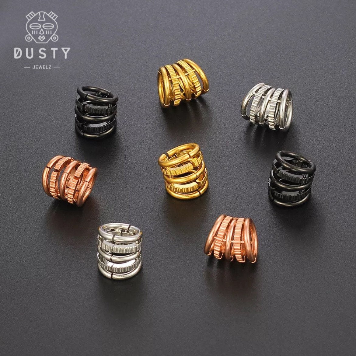 Ringed Lobe Clips | Ear Hangers | Textured Ring Stack Cuffs - DustyJewelz