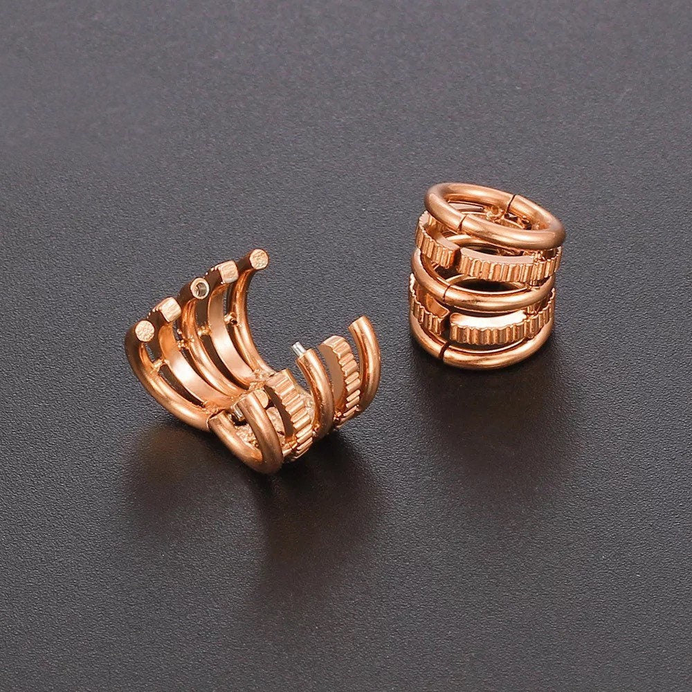 Ringed Lobe Clips | Ear Hangers | Textured Ring Stack Cuffs - DustyJewelz