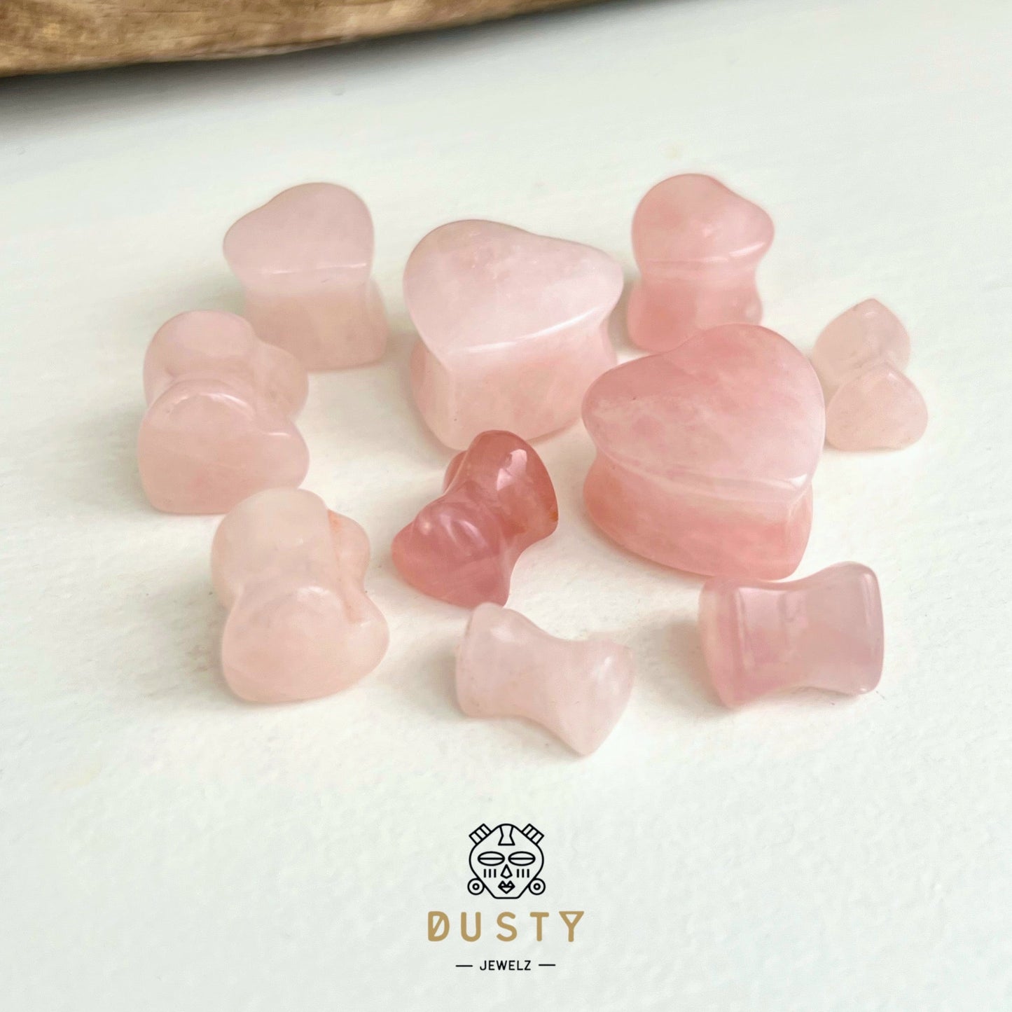 Rose Quartz Heart Shaped Stone Plugs | Double Flare - DustyJewelz