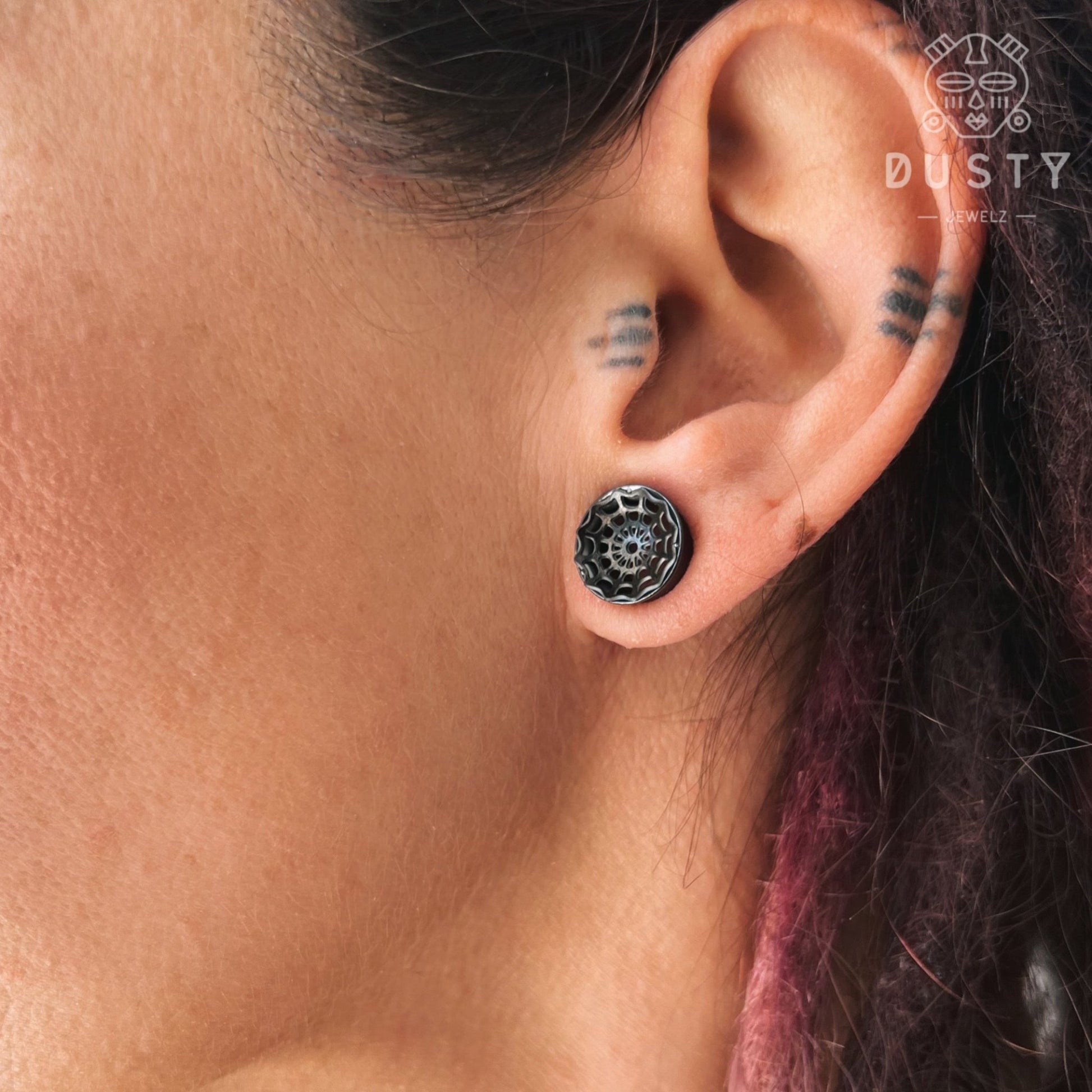 Spider Web Plugs | Laser Cut Double Flare Steel Tunnels - DustyJewelz