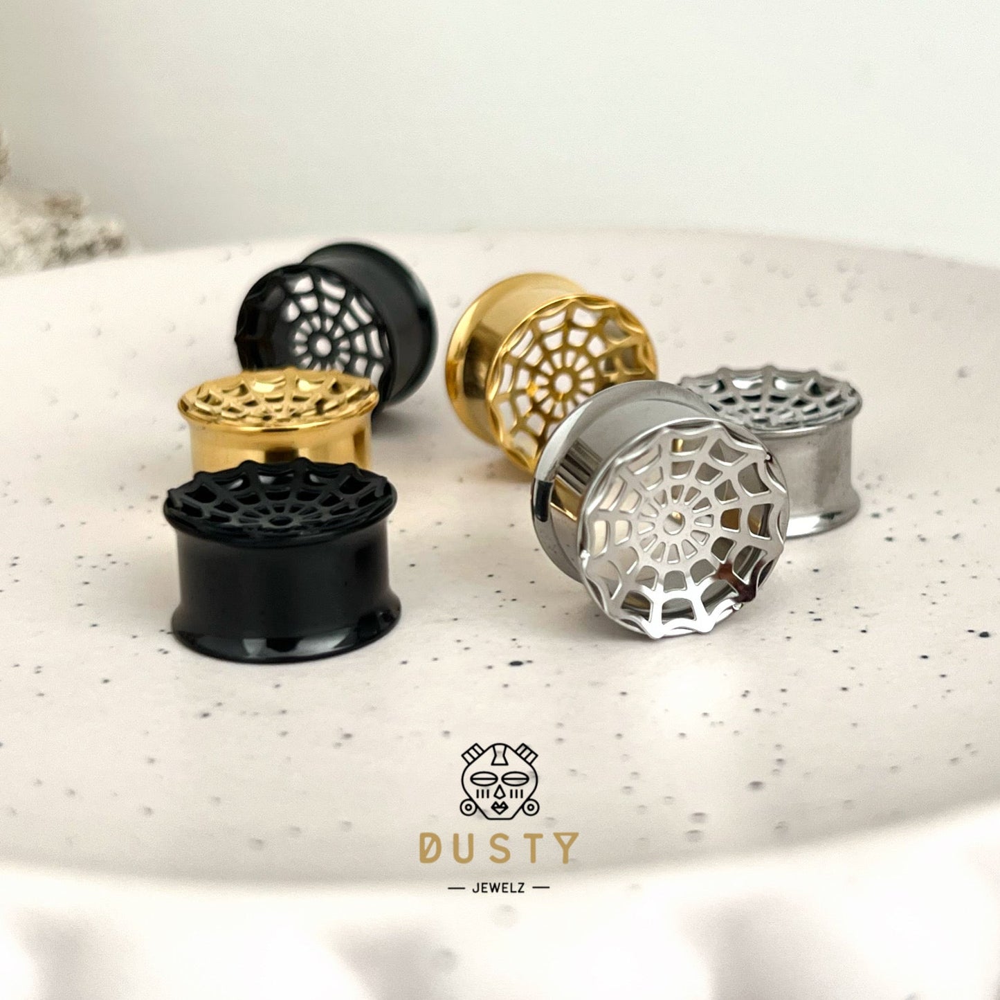 Spider Web Plugs | Laser Cut Double Flare Steel Tunnels - DustyJewelz