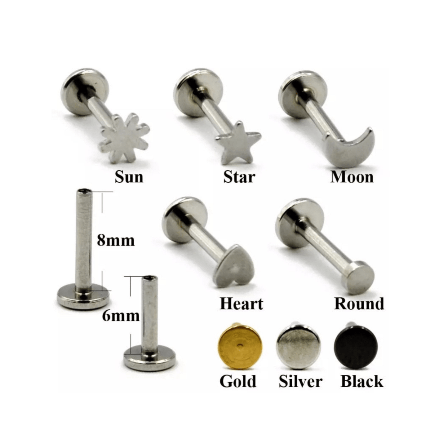 Sun Moon Stars Labret Stud | Internally Threaded | Cartilage Earring 16g | Tragus Bar | Helix | Monroe | Philtrum | Medusa - DustyJewelz