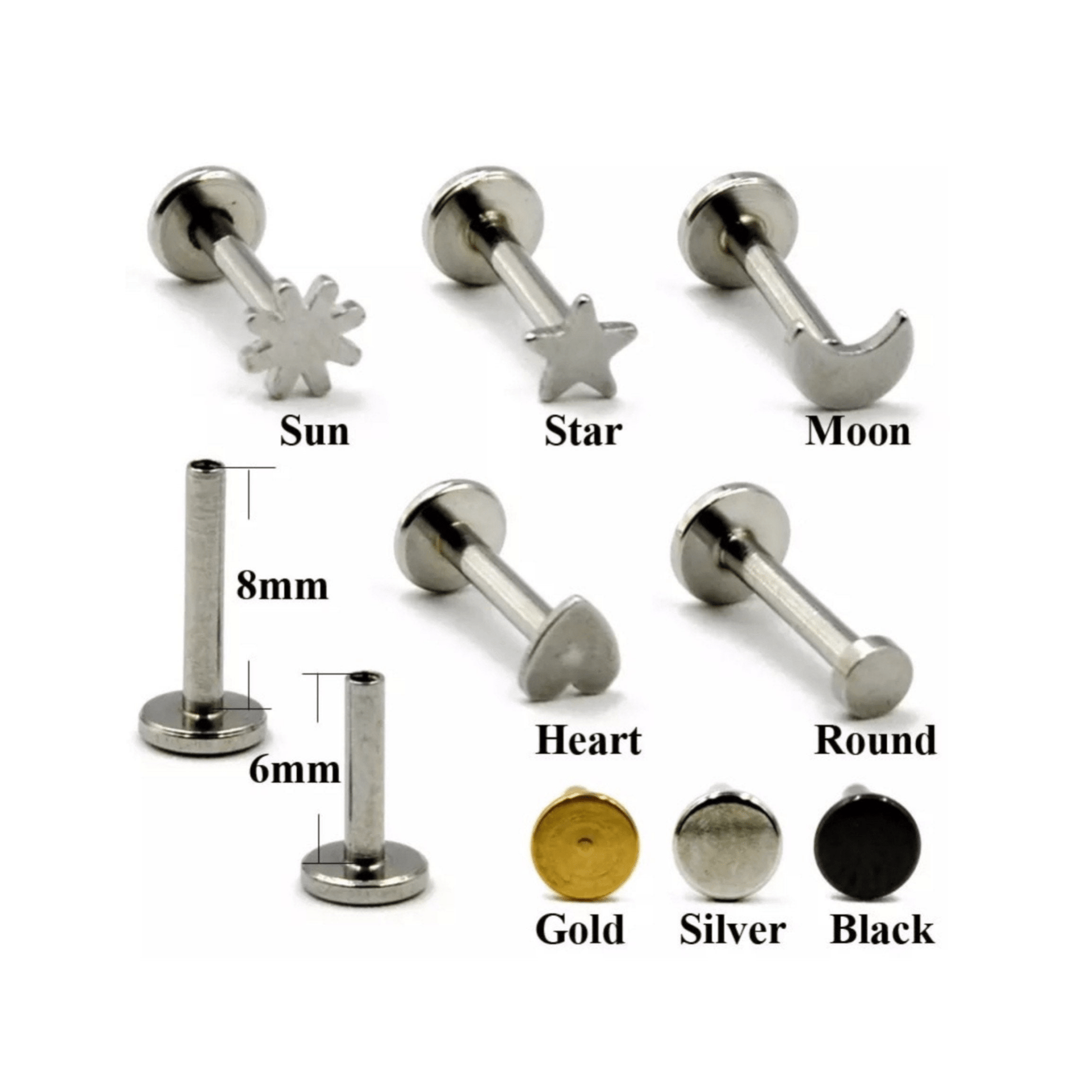 Sun Moon Stars Labret Stud | Internally Threaded | Cartilage Earring 16g | Tragus Bar | Helix | Monroe | Philtrum | Medusa - DustyJewelz