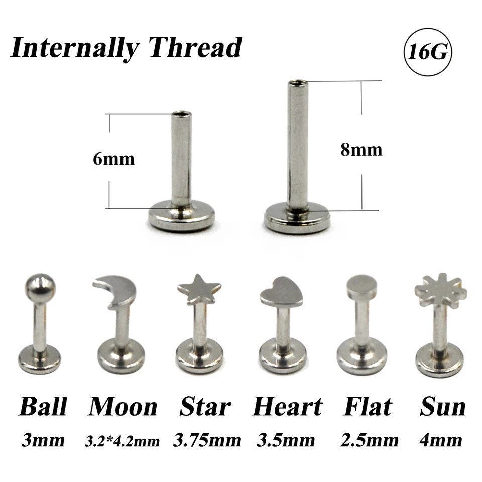 Sun Moon Stars Labret Stud | Internally Threaded | Cartilage Earring 16g | Tragus Bar | Helix | Monroe | Philtrum | Medusa - DustyJewelz