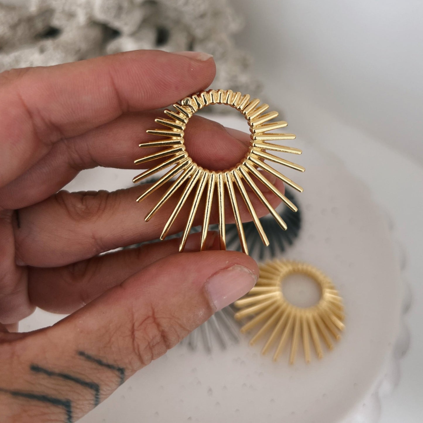 Sun Ray Circle Ear Weights | Fan Spike Hinged Hoop Hangers - DustyJewelz