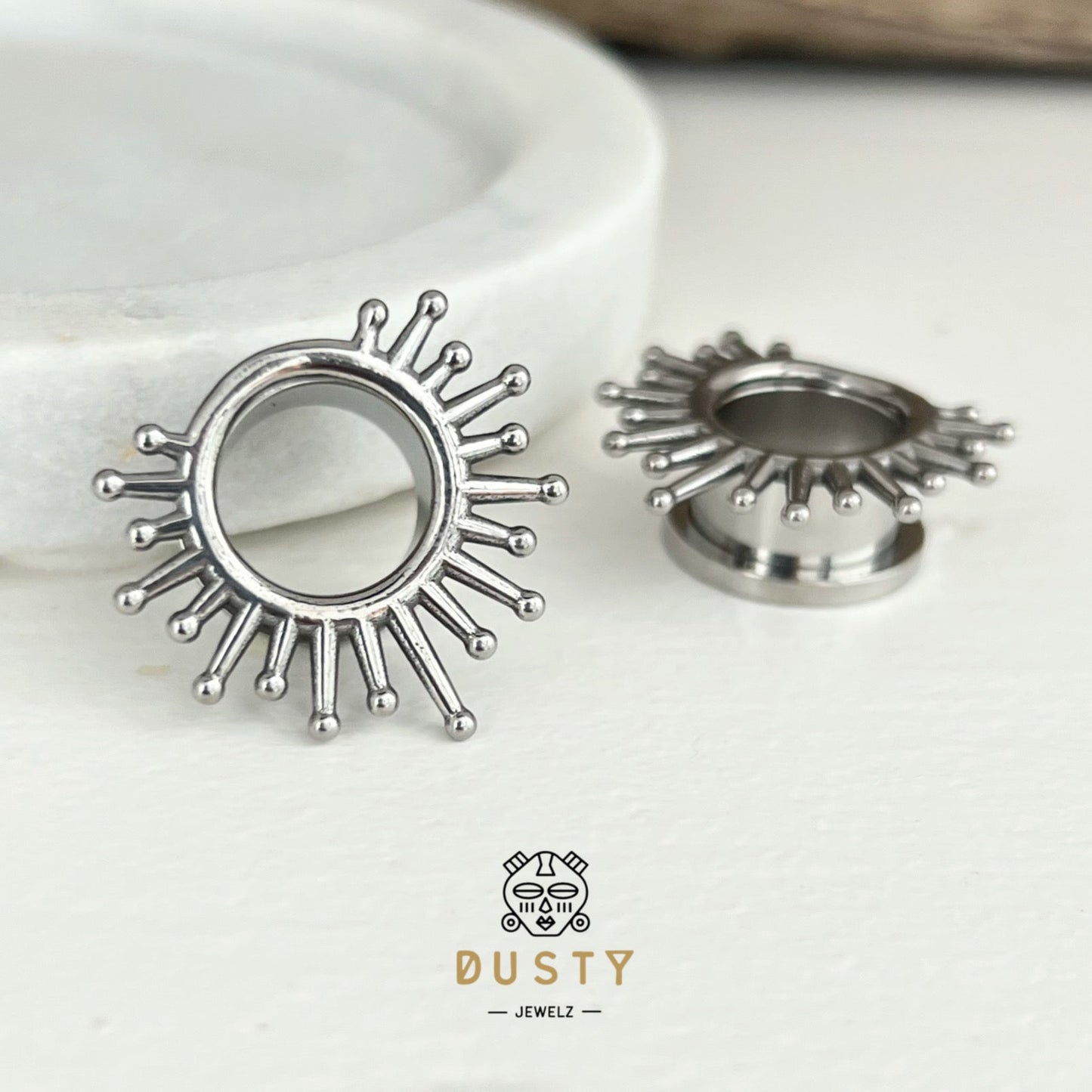 Sunburst Steel Tunnels | Screw Back Plugs - DustyJewelz