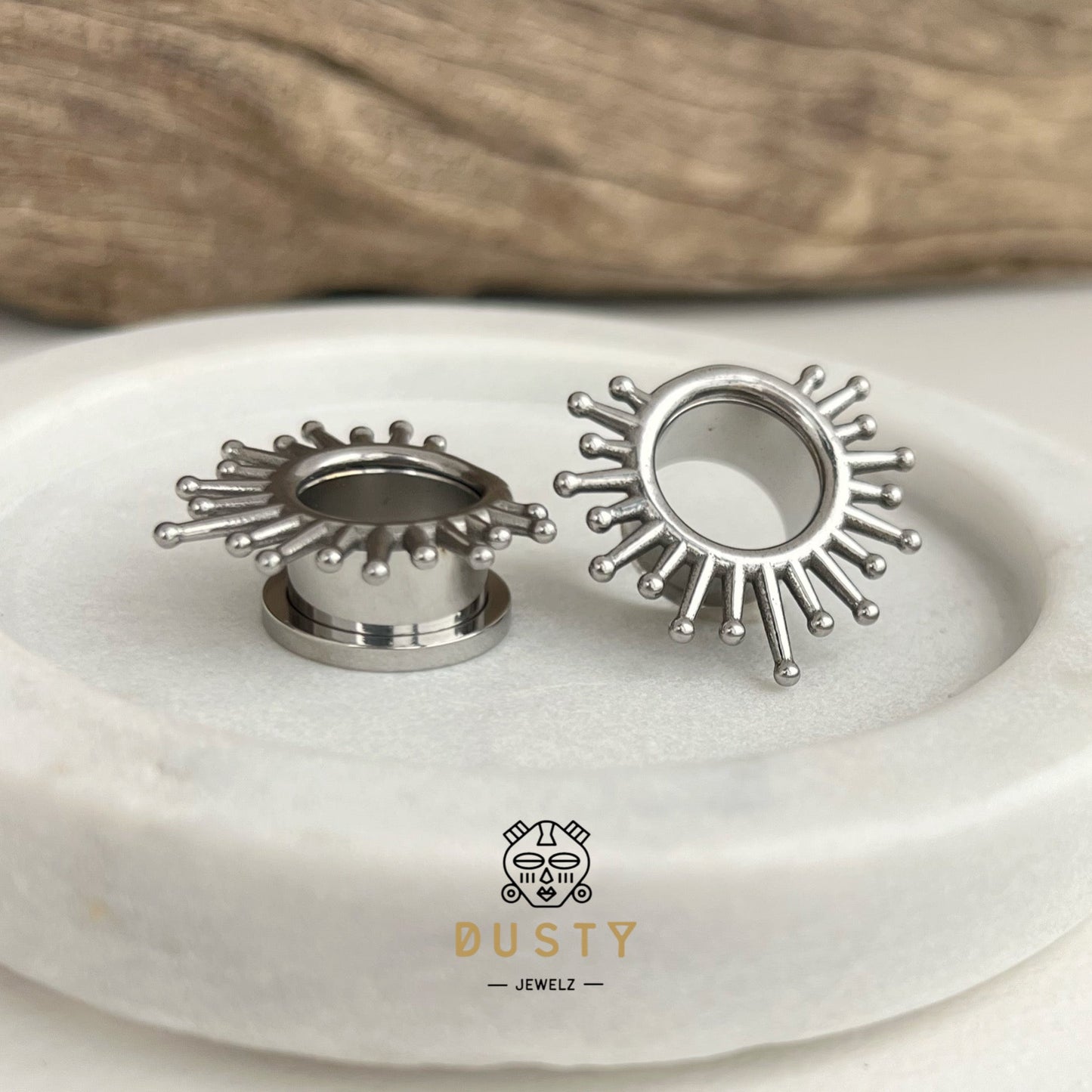 Sunburst Steel Tunnels | Screw Back Plugs - DustyJewelz