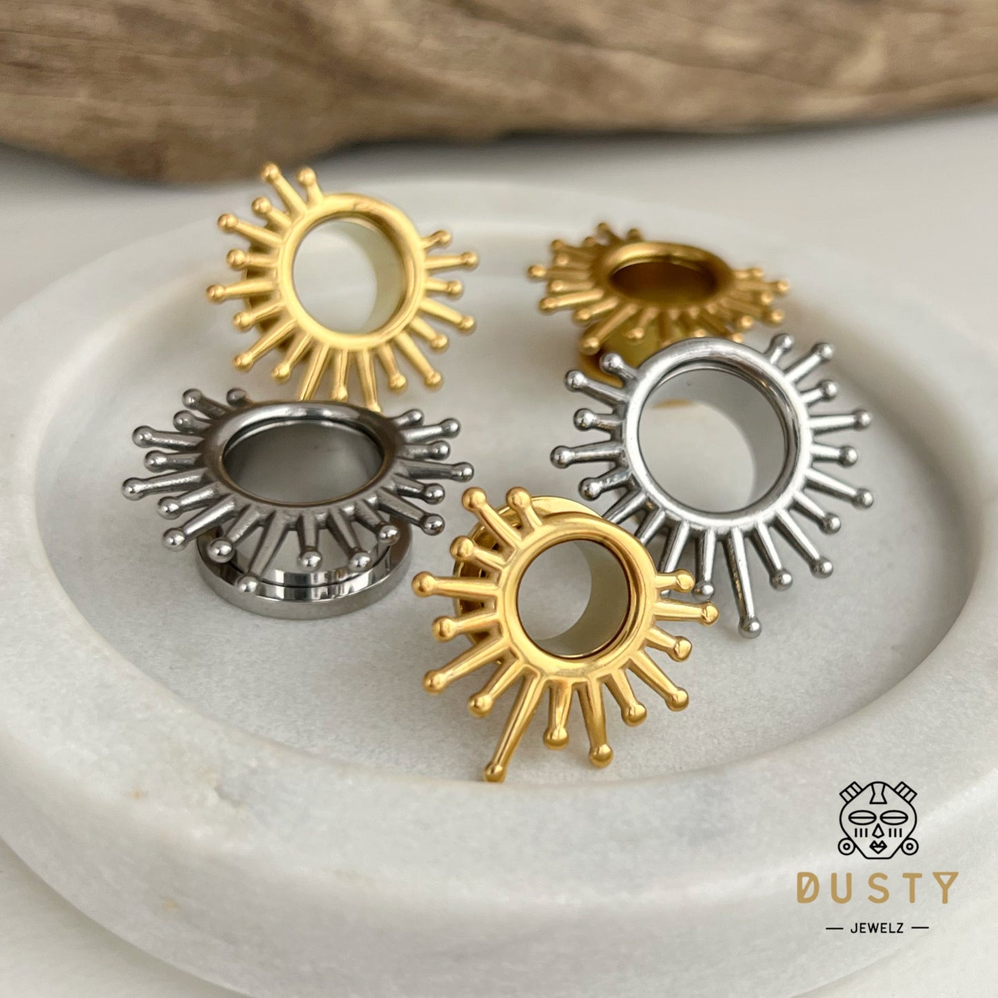 Sunburst Steel Tunnels | Screw Back Plugs - DustyJewelz