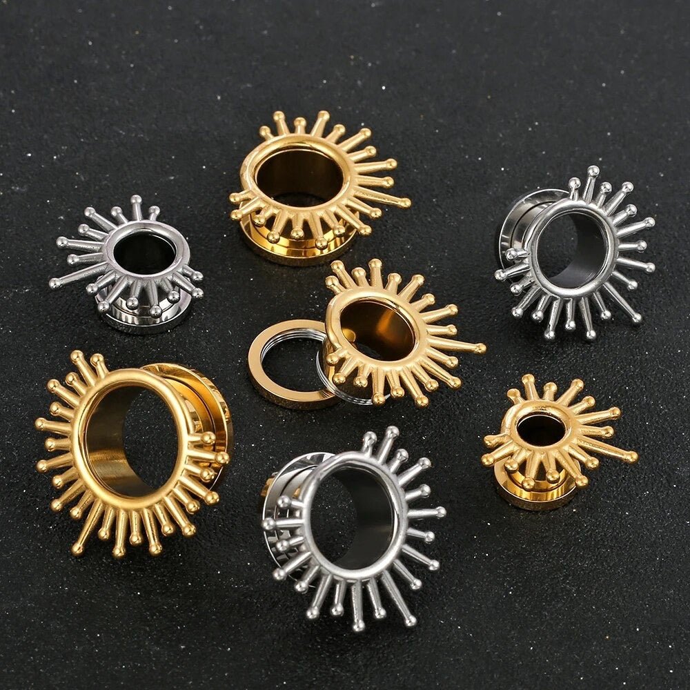 Sunburst Steel Tunnels | Screw Back Plugs - DustyJewelz
