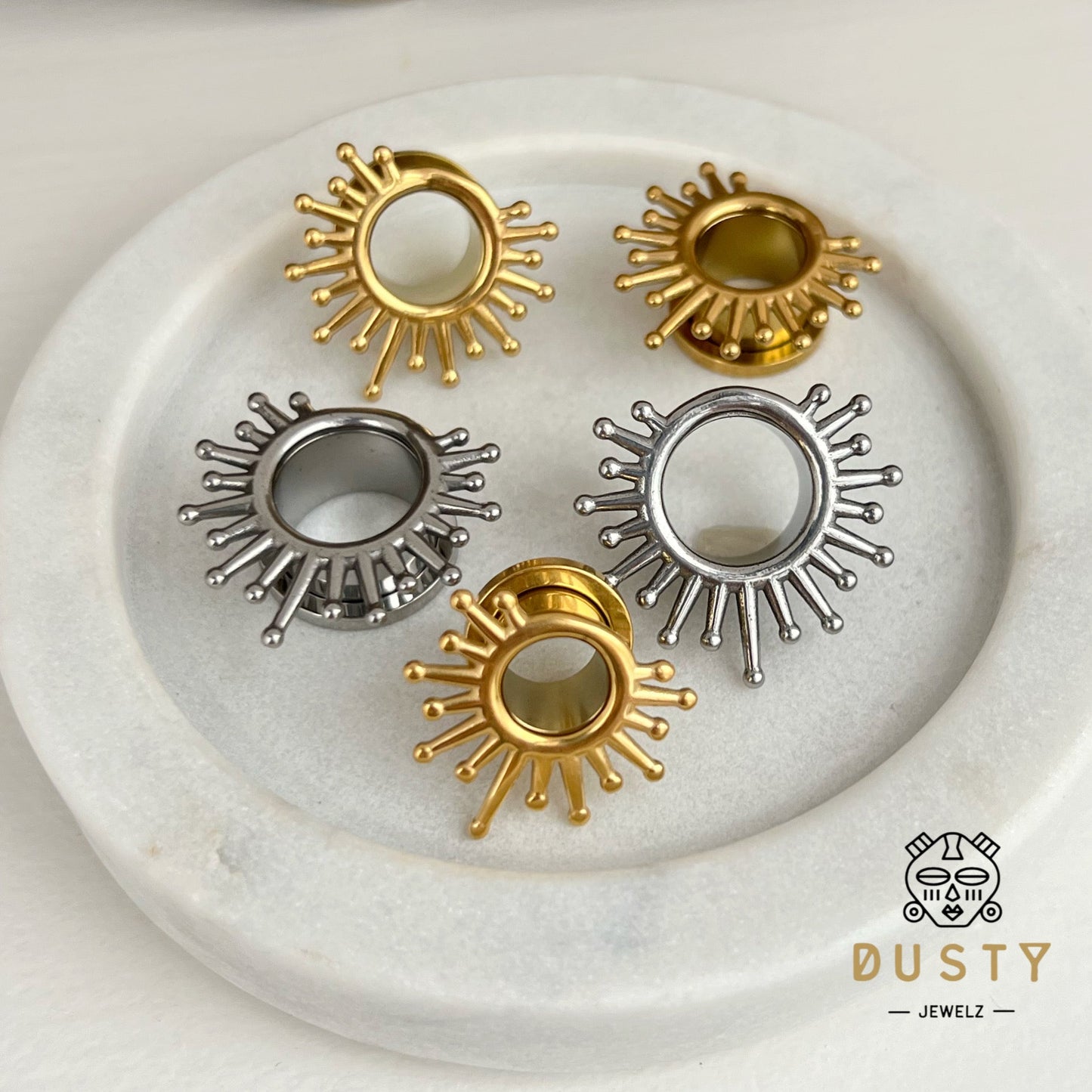 Sunburst Steel Tunnels | Screw Back Plugs - DustyJewelz
