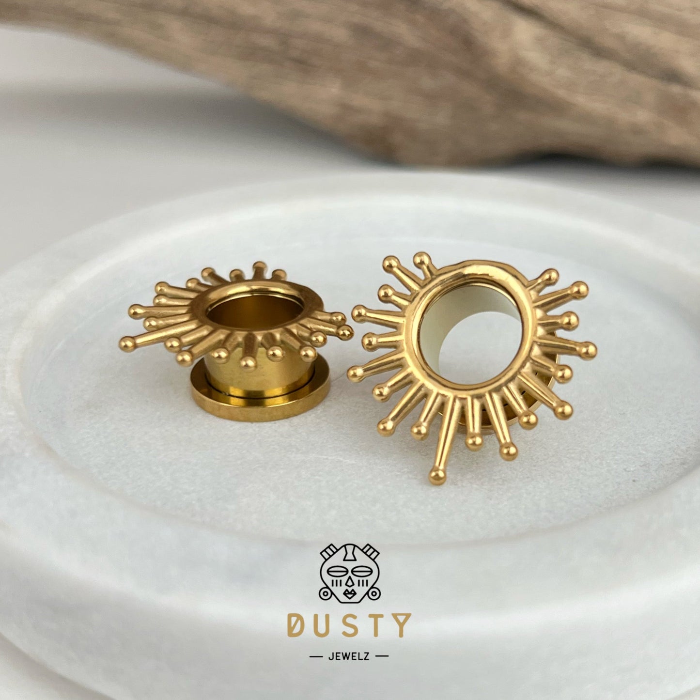 Sunburst Steel Tunnels | Screw Back Plugs - DustyJewelz